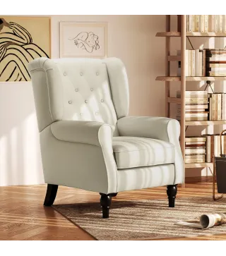 Sillón de Salón con Reposacabezas y Patas de Madera Butaca Carga 160 kg para Dormitorio Oficina Sala de Estar Crema