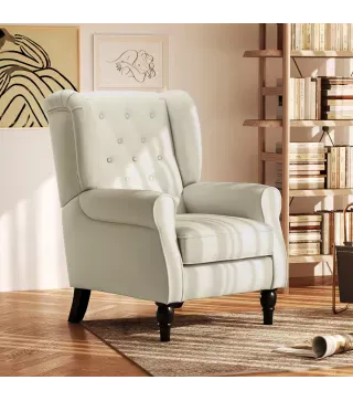Sillón de Salón con Reposacabezas y Patas de Madera Butaca Carga 160 kg para Dormitorio Oficina Sala de Estar Crema