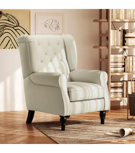 Sillón de Salón con Reposacabezas y Patas de Madera Butaca Carga 160 kg para Dormitorio Oficina Sala de Estar Crema