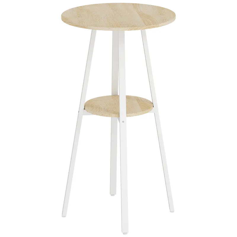 Mesa Alta Cocina Redonda con Estante de Almacenamiento Moderna para 2 Personas 55x55x95 cm Madera Natural y Blanco