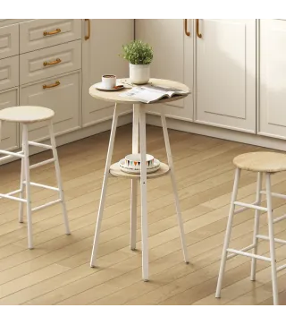 Mesa Alta Cocina Redonda con Estante de Almacenamiento Moderna para 2 Personas 55x55x95 cm Madera Natural y Blanco