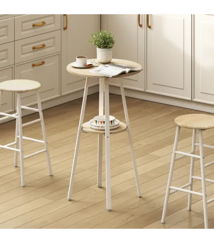 Mesa Alta Cocina Redonda con Estante de Almacenamiento Moderna para 2 Personas 55x55x95 cm Madera Natural y Blanco