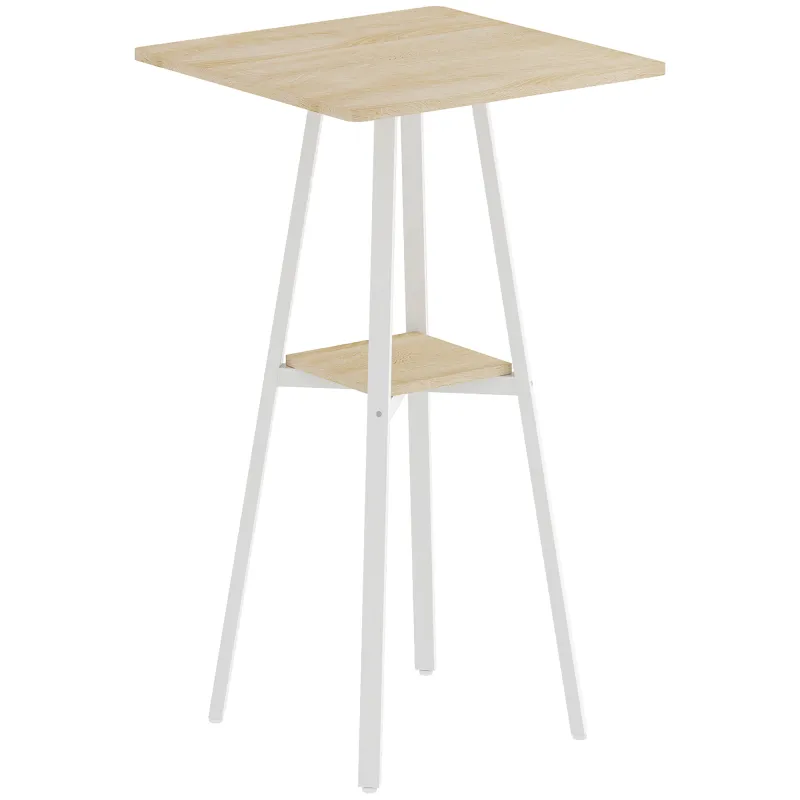 Mesa Alta Cocina Cuadrada con Estante para 2 Personas Patas de Metal 55x55x95 cm Madera Natural y Blanco