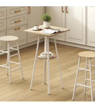 Mesa Alta Cocina Cuadrada con Estante para 2 Personas Patas de Metal 55x55x95 cm Madera Natural y Blanco