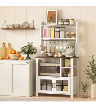 Alacena de Cocina con 6 Ganchos para Tazas 2 Puertas de Vidrio Estantes Abiertos 80x40x152 cm Blanco