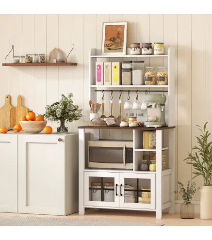 Alacena de Cocina con 6 Ganchos para Tazas 2 Puertas de Vidrio Estantes Abiertos 80x40x152 cm Blanco