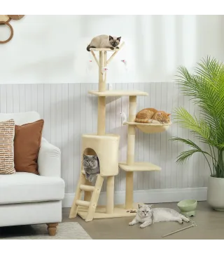 Árbol Rascador para Gatos Altura 134 cm con 6 Postes 3 Plataformas Cueva Hamaca Escalera 4 Juguetes Colgantes Beige