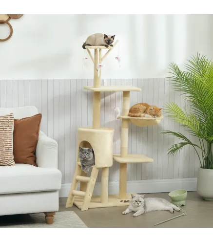 Árbol Rascador para Gatos Altura 134 cm con 6 Postes 3 Plataformas Cueva Hamaca Escalera 4 Juguetes Colgantes Beige
