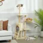 Árbol Rascador para Gatos Altura 134 cm con 6 Postes 3 Plataformas Cueva Hamaca Escalera 4 Juguetes Colgantes Beige