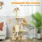 Árbol Rascador para Gatos Altura 134 cm con 6 Postes 3 Plataformas Cueva Hamaca Escalera 4 Juguetes Colgantes Beige