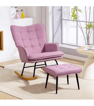 Silla Mecedora con Reposapiés con Cojín Acolchado Reposabrazos Respaldo Alto Patas de Madera Carga 130 kg Rosa