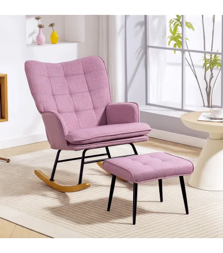 Silla Mecedora con Reposapiés con Cojín Acolchado Reposabrazos Respaldo Alto Patas de Madera Carga 130 kg Rosa