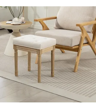 Reposapiés Salón Estilo Rústico Tapizado en Lino Sintético con Madera Maciza Patas Talladas Asiento Acolchado Beige