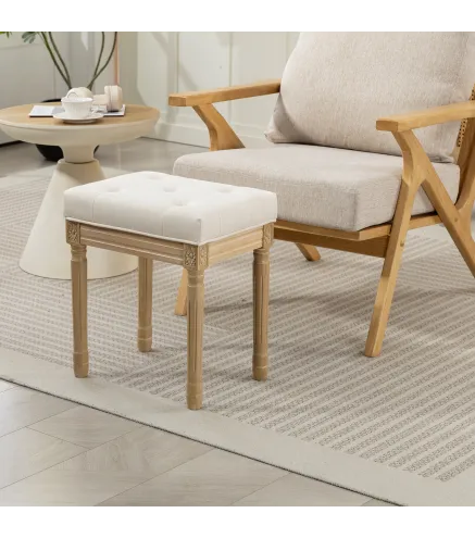 Reposapiés Salón Estilo Rústico Tapizado en Lino Sintético con Madera Maciza Patas Talladas Asiento Acolchado Beige
