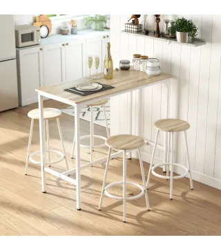 Set de Mesa de Bar y 4 Taburetes Estilo Industrial Marco de Metal para Cocina Salón Natural y Blanco