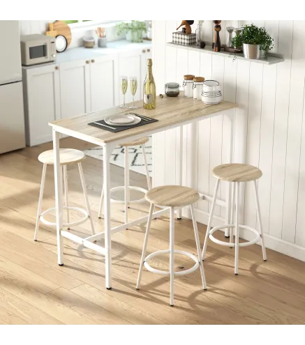 Set de Mesa de Bar y 4 Taburetes Estilo Industrial Marco de Metal para Cocina Salón Natural y Blanco