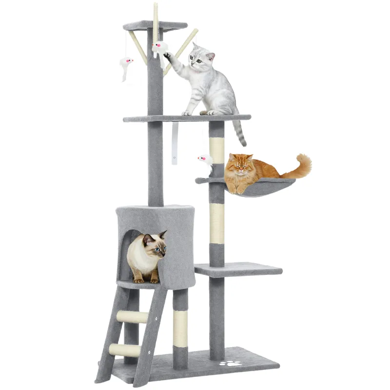 Árbol Rascador para Gatos Altura 134 cm con 6 Postes 3 Plataformas Cueva Hamaca Escalera 4 Juguetes Colgantes Gris