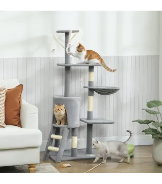 Árbol Rascador para Gatos Altura 134 cm con 6 Postes 3 Plataformas Cueva Hamaca Escalera 4 Juguetes Colgantes Gris