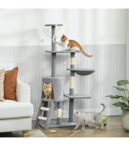 Árbol Rascador para Gatos Altura 134 cm con 6 Postes 3 Plataformas Cueva Hamaca Escalera 4 Juguetes Colgantes Gris