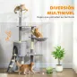 Árbol Rascador para Gatos Altura 134 cm con 6 Postes 3 Plataformas Cueva Hamaca Escalera 4 Juguetes Colgantes Gris