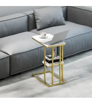 Mesa Auxiliar Estructura en C Estrecha con Estante Mesita de Noche Moderna 50x30x57,5 cm Blanco Efecto Mármol