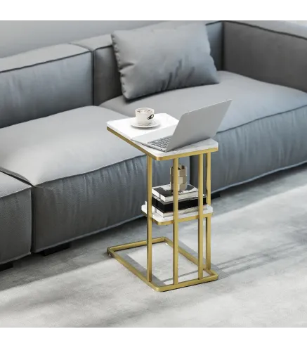 Mesa Auxiliar Estructura en C Estrecha con Estante Mesita de Noche Moderna 50x30x57,5 cm Blanco Efecto Mármol