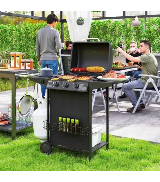 Barbacoa de Gas con 3 Quemadores Quemador Lateral Tapa con Termómetro Parrilla y Mesa Lateral Ruedas 108x54x97 cm Negro