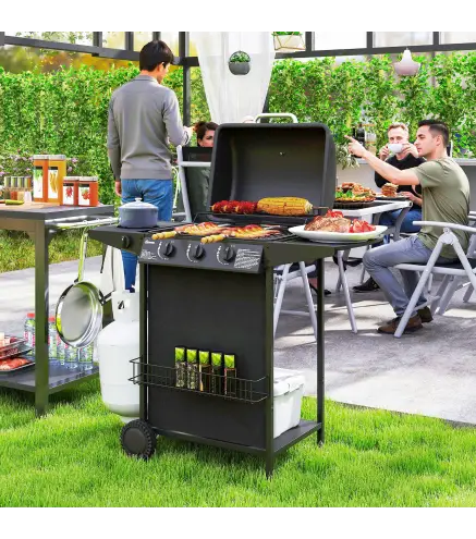 Barbacoa de Gas con 3 Quemadores Quemador Lateral Tapa con Termómetro Parrilla y Mesa Lateral Ruedas 108x54x97 cm Negro