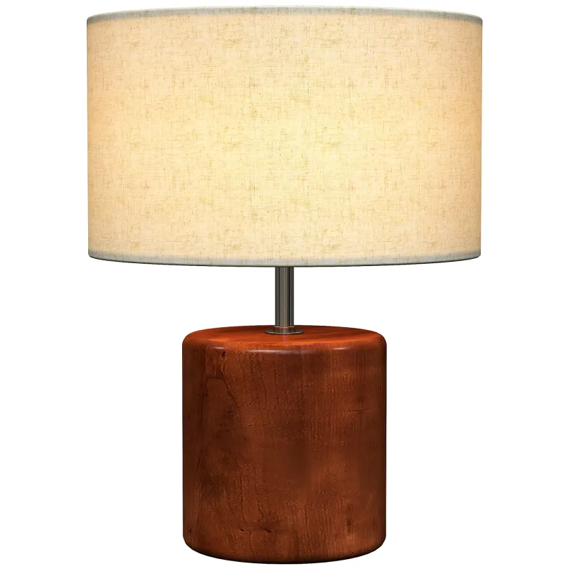 Lámpara de Mesa Rústica Lámpara de Mesita de Noche con Base de Madera Pantalla de Lino Interruptor Basculante Marrón