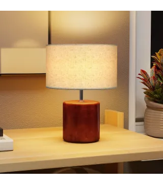 Lámpara de Mesa Rústica Lámpara de Mesita de Noche con Base de Madera Pantalla de Lino Interruptor Basculante Marrón