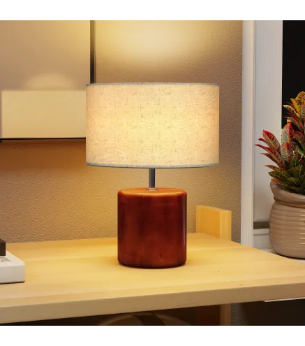 Lámpara de Mesa Rústica Lámpara de Mesita de Noche con Base de Madera Pantalla de Lino Interruptor Basculante Marrón