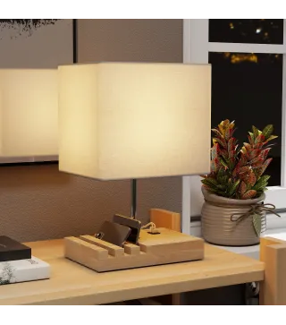 Lámpara de Mesa con Puertos USB-A/C Tres Ranuras para Teléfonos Base de Madera y Pantalla de Tela Blanco