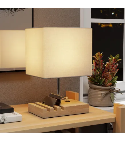 Lámpara de Mesa con Puertos USB-A/C Tres Ranuras para Teléfonos Base de Madera y Pantalla de Tela Blanco