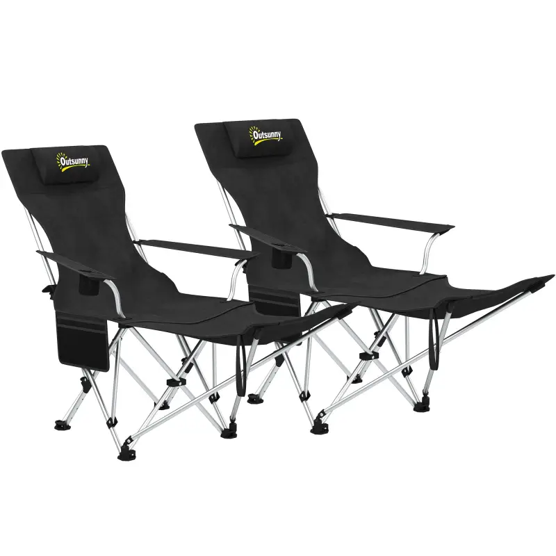 Conjunto de 2 Sillas Plegables Camping con Reposapiés Desmontable Reposacabezas Portavasos y Bolsa 125x48x90 cm Negro