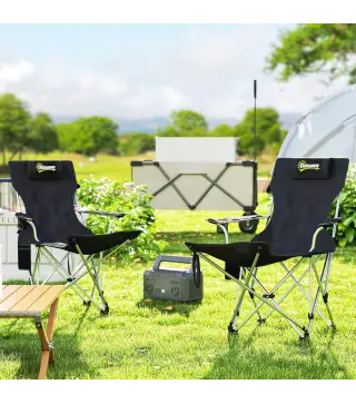 Conjunto de 2 Sillas Plegables Camping con Reposapiés Desmontable Reposacabezas Portavasos y Bolsa 125x48x90 cm Negro