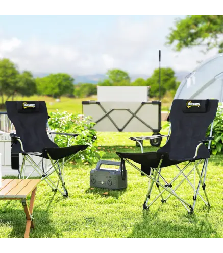 Conjunto de 2 Sillas Plegables Camping con Reposapiés Desmontable Reposacabezas Portavasos y Bolsa 125x48x90 cm Negro
