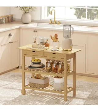 Carrito Auxiliar con Ruedas de Bambú Carro de Servicio con 2 Cajones 2 Estantes de Listones 100x43x75 cm Natural