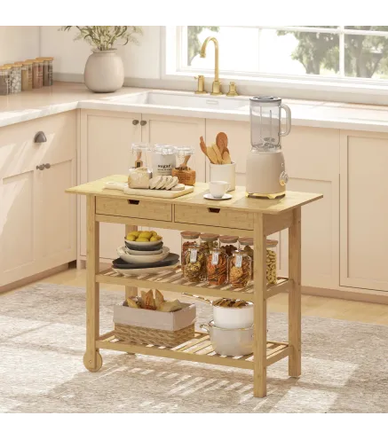 Carrito Auxiliar con Ruedas de Bambú Carro de Servicio con 2 Cajones 2 Estantes de Listones 100x43x75 cm Natural