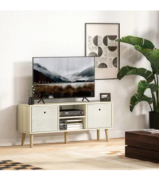 Mueble de TV para Televisores de hasta 50 Pulgadas con 2 Cajones de Tela y Estantes Abiertos Madera y Beige
