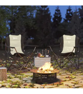 Conjunto de 2 Sillas Plegables Camping Acolchado con Respaldo Alto Portavasos y Bolsas de Transporte Crema y Negro