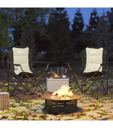 Conjunto de 2 Sillas Plegables Camping Acolchado con Respaldo Alto Portavasos y Bolsas de Transporte Crema y Negro