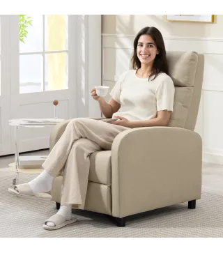 Sillón Relax Reclinable Manual hasta 155º Apertura Push con Reposapiés Respaldo Alto Acolchado Grueso Beige