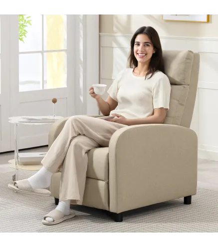 Sillón Relax Reclinable Manual hasta 155º Apertura Push con Reposapiés Respaldo Alto Acolchado Grueso Beige