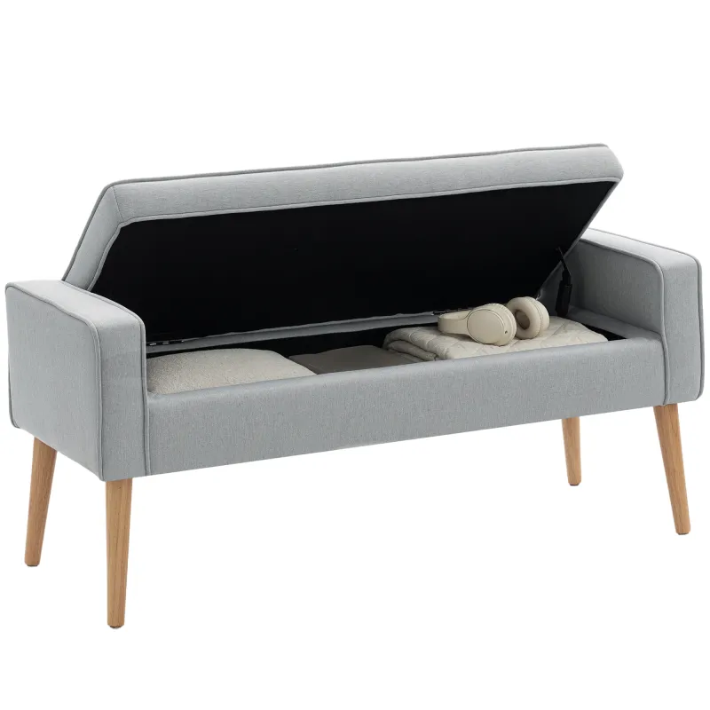 Banco de Almacenaje con Tapa Abatible y Patas de Madera para Dormitorio Salón Entrada 120x45x54 cm Gris Claro