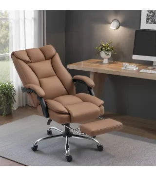 Silla de Escritorio con Reposapiés Respaldo Reclinable Acolchado Grueso Tapizada en Cuero Sintético Marrón