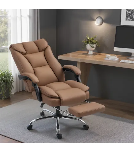 Silla de Escritorio con Reposapiés Respaldo Reclinable Acolchado Grueso Tapizada en Cuero Sintético Marrón
