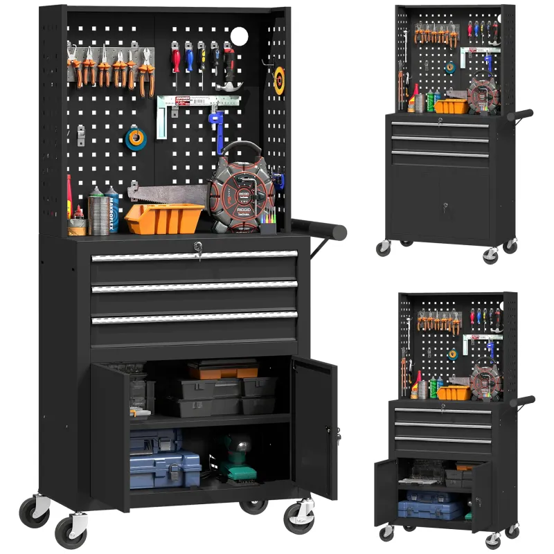 Carro de Herramientas con 3 Cajones Tabla de Pegboard Cerradura por Llave Estante Ajustable 2 Ruedas con Freno Negro