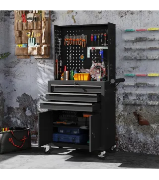 Carro de Herramientas con 3 Cajones Tabla de Pegboard Cerradura por Llave Estante Ajustable 2 Ruedas con Freno Negro