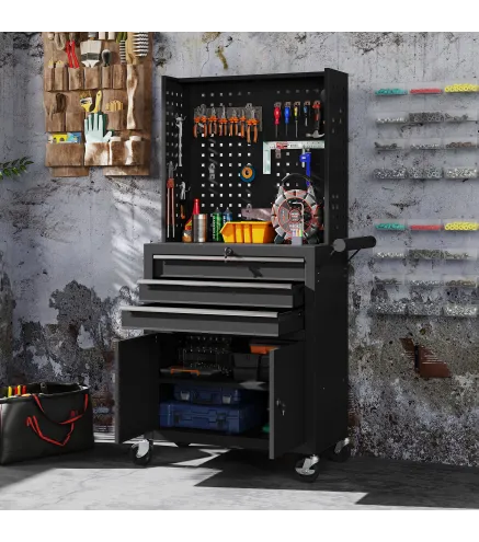 Carro de Herramientas con 3 Cajones Tabla de Pegboard Cerradura por Llave Estante Ajustable 2 Ruedas con Freno Negro