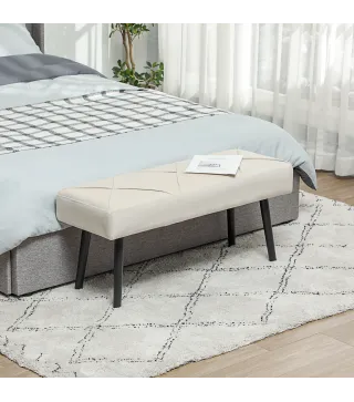 Taburete Pie de Cama Multifuncional con Pies de Acero y Asiento Acolchado para Entrada Pasillo 100x36x45 cm Blanco Crema